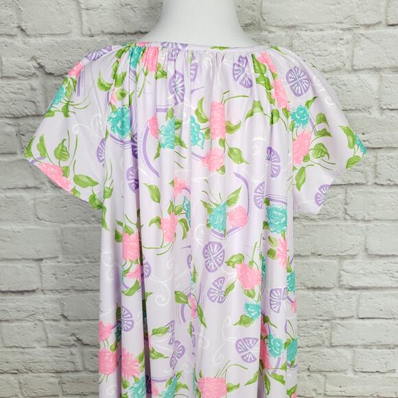 Vintage Purple Pink Tropical Floral Nightgown Nightie Kaftan Keyhole Neck OSFA - Picture 9 of 15